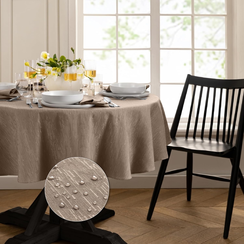 Elrene Home Fashions Continental Tischdecke, solide Textur, Wasser- und schmutzabweisend, 229 cm, rund, Taupe Bild 1
