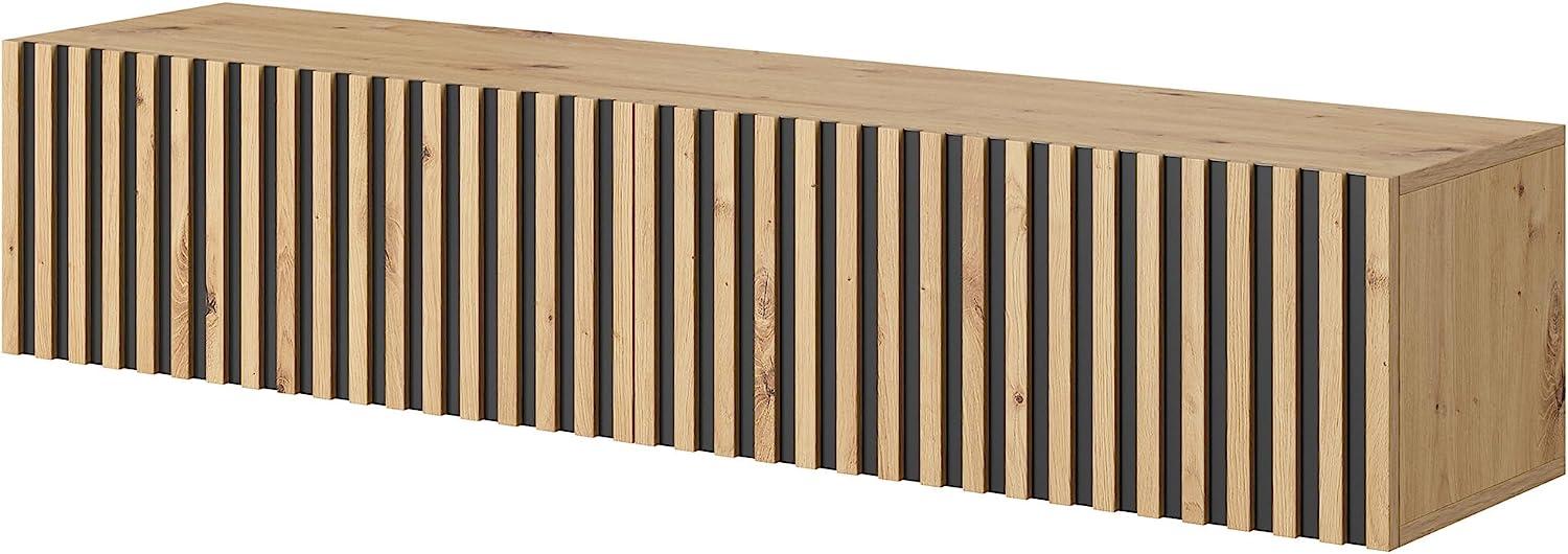 Selsey Telire - TV Lowboard Wotan Eiche Lamellenfront, mit schwarzen Einsätzen, 140cm Bild 1