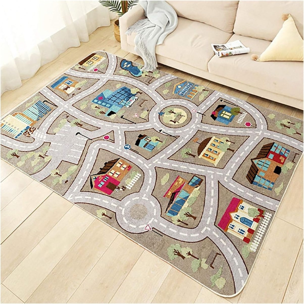 TYKTZXY Kinderteppich Spielen Teppich Straße Auto Tier Universum Blau Grün Grau(120×160cm,47×63inch) Bild 1