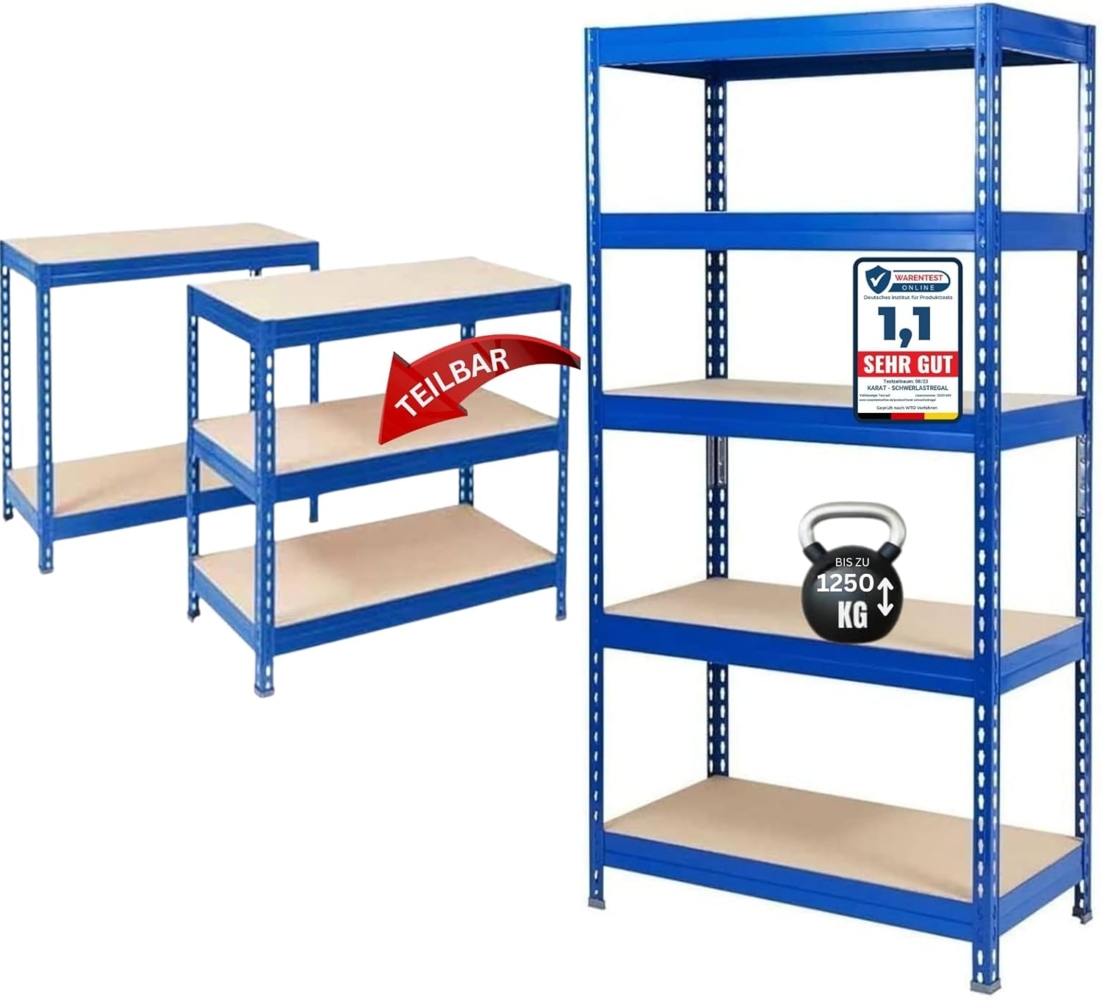 KARAT Schwerlastregal - Steckregal, Kellerregal, Lagerregal, Werkbank - Traglast bis 1250 kg - Schnelle Montage & Standsicher (Blau, 180 x 120 x 45 cm) Bild 1