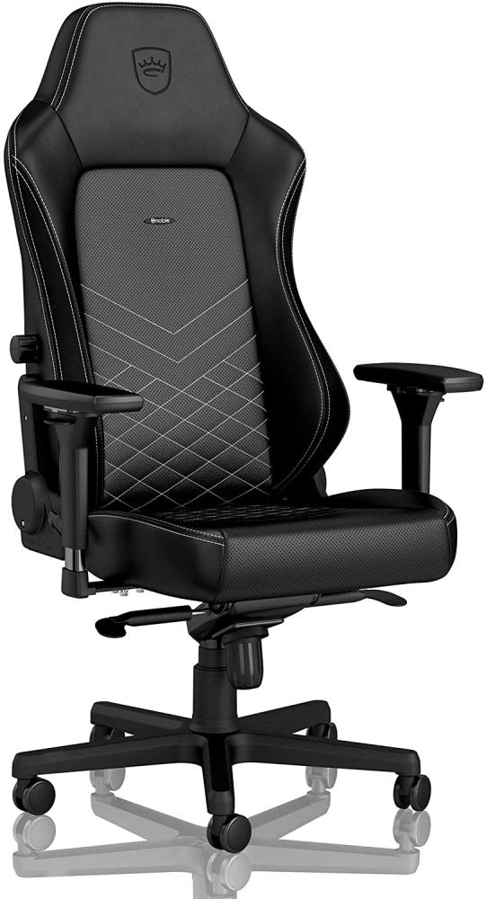 noblechairs Hero Gaming Stuhl 150 kg Belastbarkeit, PU-Kunstleder Bürostuhl Ergonomisch, Schreibtischstuhl Schwarz/Platinweiß, PC Drehstuhl mit Rollen, Gamer Sessel, Inklusive Kissen Bild 1