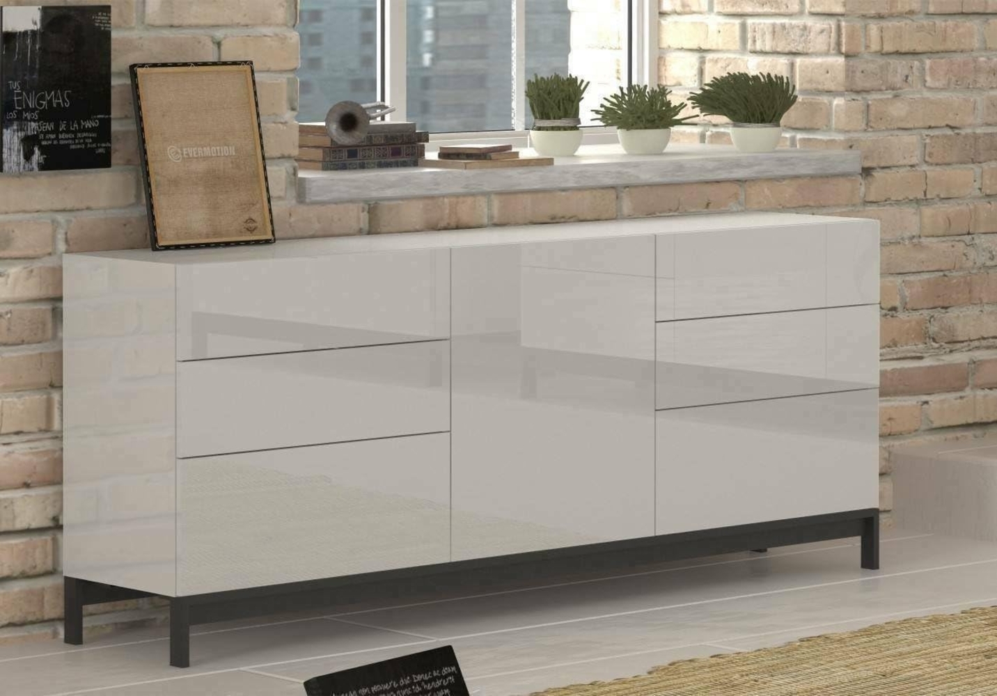 Dmora - Kommode Edi, Küchen-Sideboard mit 1 Tür und 6 Schubladen, Wohnzimmer-Buffet, Küchen-Sideboard, 100 % Made in Italy, 170 x 40 x 73 cm, glänzendes Weiß Bild 1