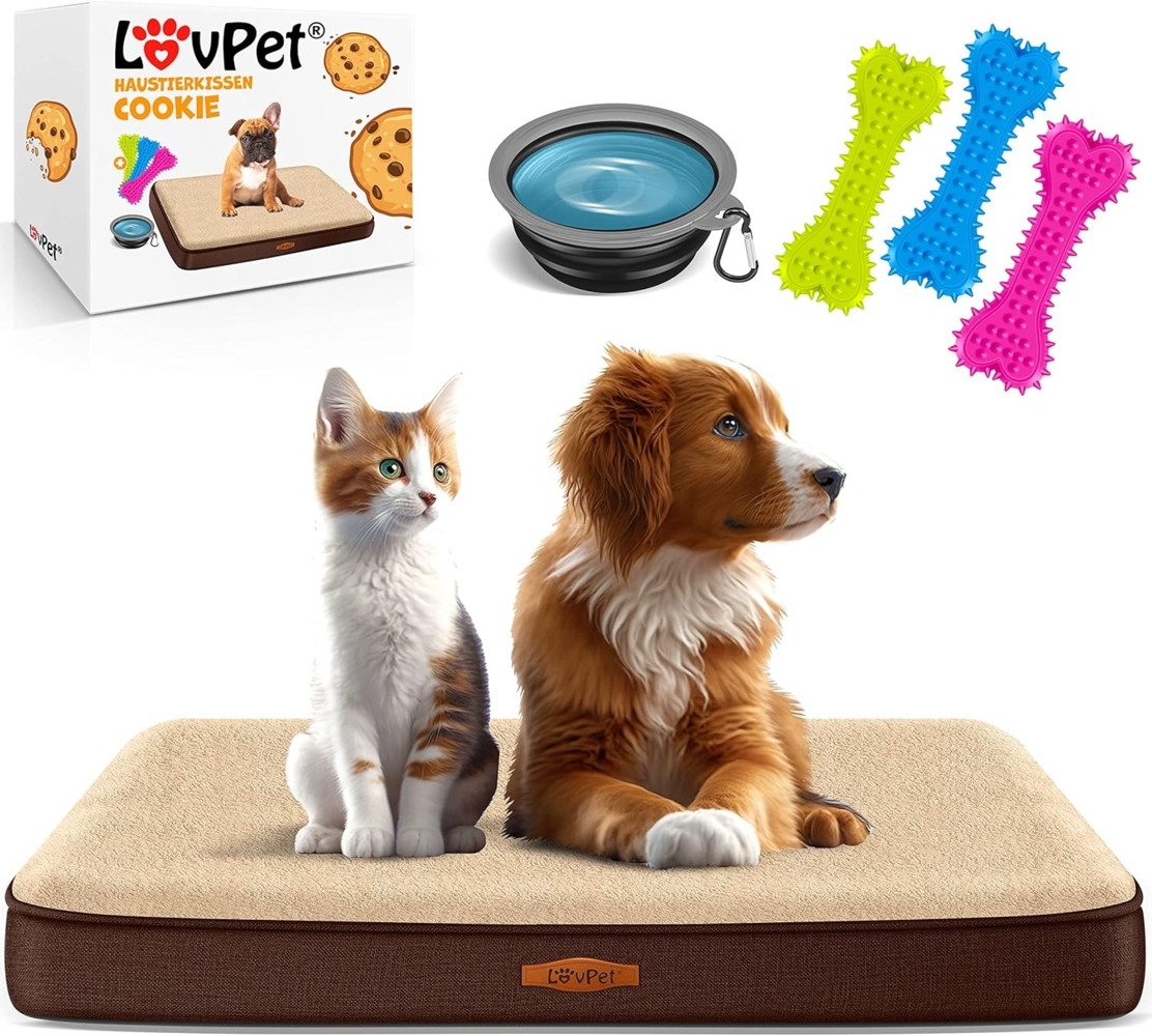 Lovpet® 'Cookie' Hundebett, orthopädisches, Inkl. Napf, 3x Kauknochen, Bezug abnehmbar und waschbar, Schaum / Plüsch / PP-Cotton, Braun / Beige, M (76 x 51 x 7.6 cm) Bild 1