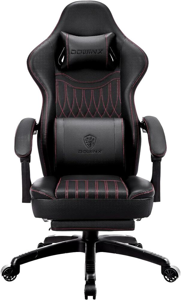 Dowinx Gaming Stuhl mit Frühling Kissen,Racing Gamer Stuhl mit Massage Lendenwirbelstütze, Ergonomischer Gaming Sessel mit Fußstütze Bürostuhl PU Leder Schwarz Bild 1