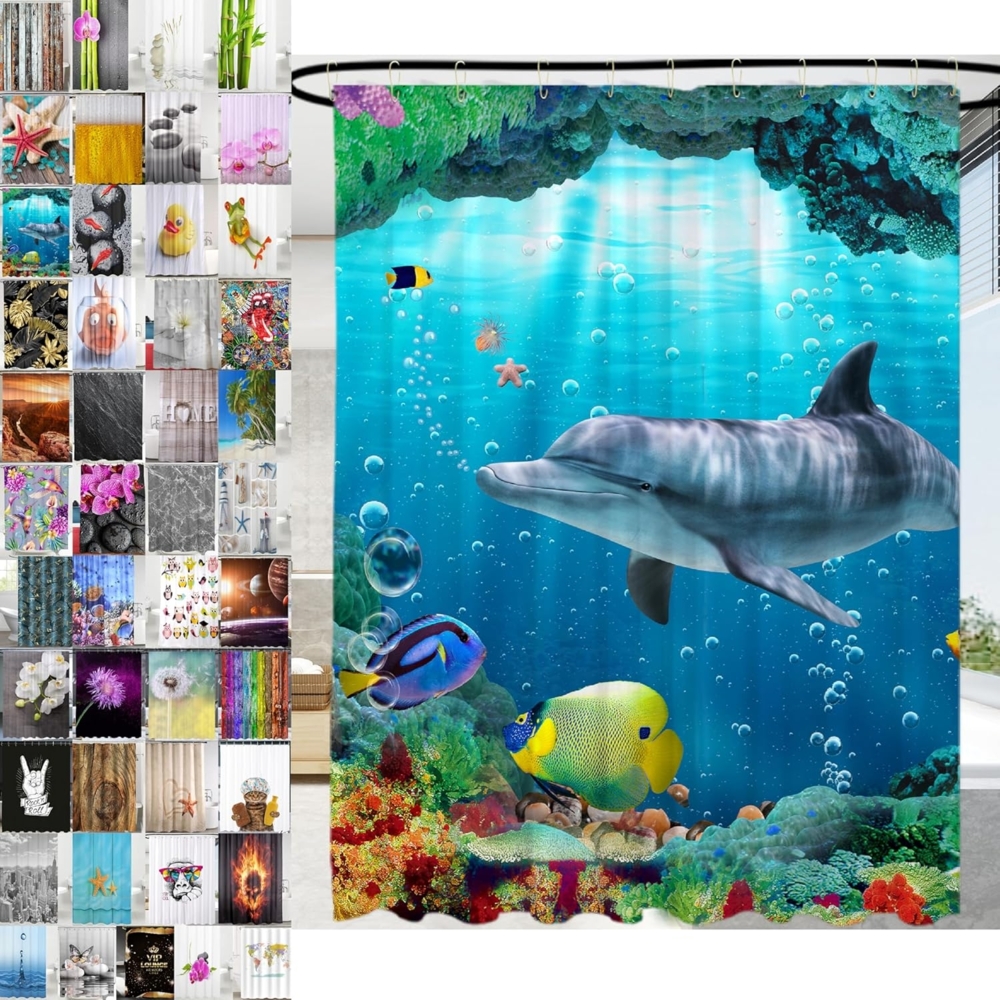 Sanilo Duschvorhang Delphin Korallen 180 x 200 cm, 100% wasserdicht, Anti-Schimmel-Effekt, hochwertige Qualität Bild 1