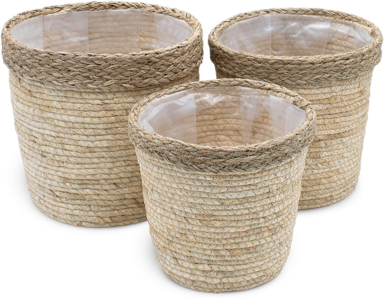 Spetebo Pflanzschale Seegras Pflanzkorb 3er Set natur - 25 / 23 / 19 cm (Set, 3 St, Pflanzkörbe), Rattan Pflanztopf mit Folie ausgekleidet Bild 1