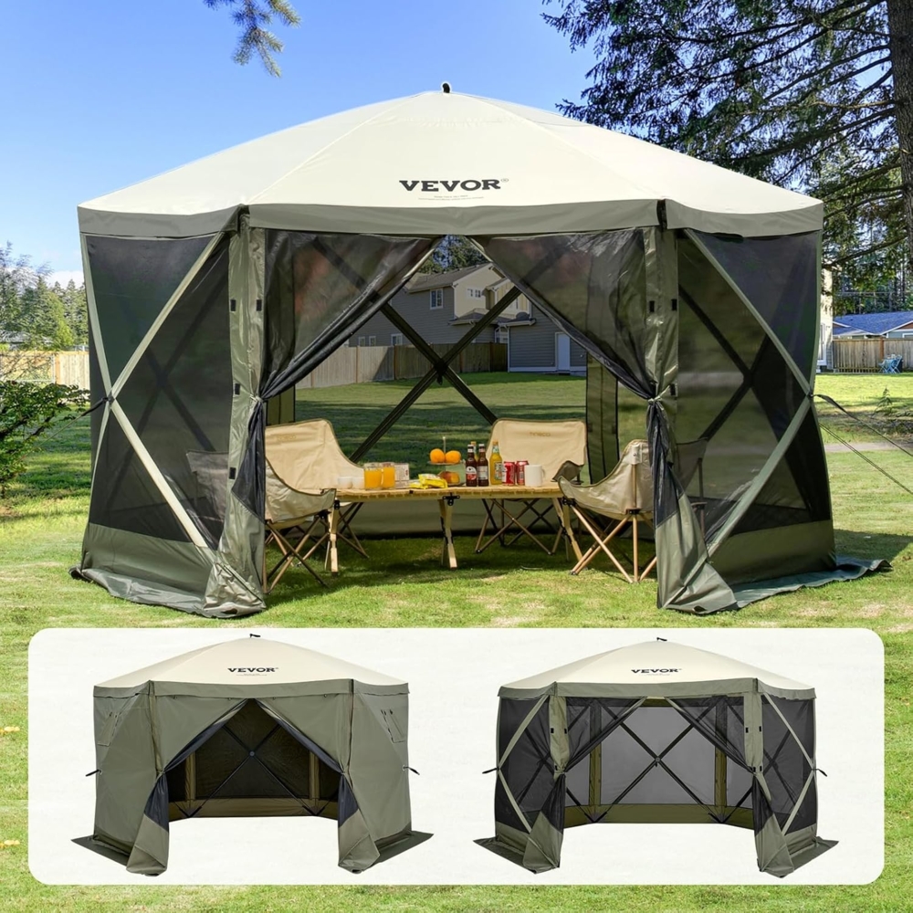 VEVOR Pop-Up-Pavillonzelt, Pop-Up-Zelt mit 6-seitigem Baldachin, Sonnenschutz mit 6 abnehmbaren Sichtschutz-Windtüchern und Netzfenstern, 12x12 Fuß, Schnellaufbau-Zelt mit Moskitonetz, Armeegrün Bild 1