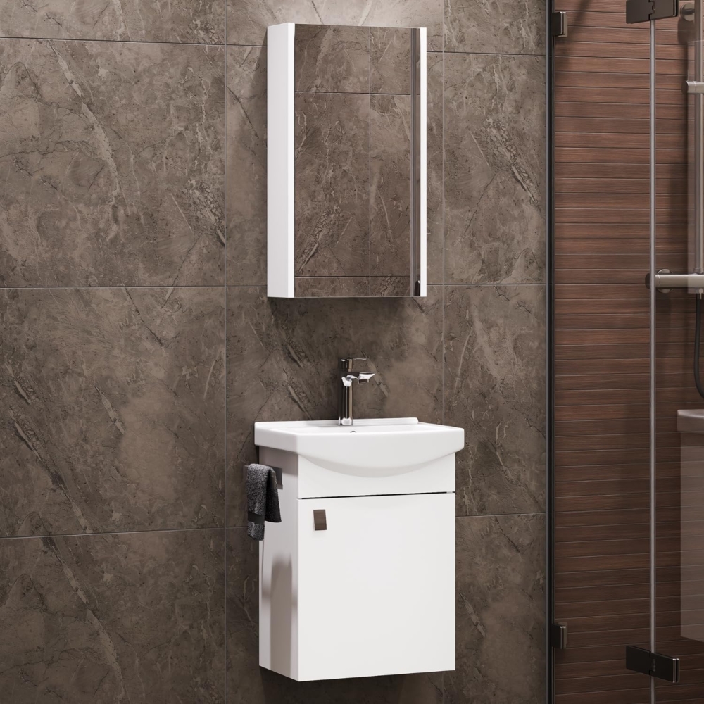 Planetmöbel Badmöbel Set aus Waschtisch + Waschbecken + Spiegelschrank, Gäste Bad WC, Farbe Weiß Bild 1