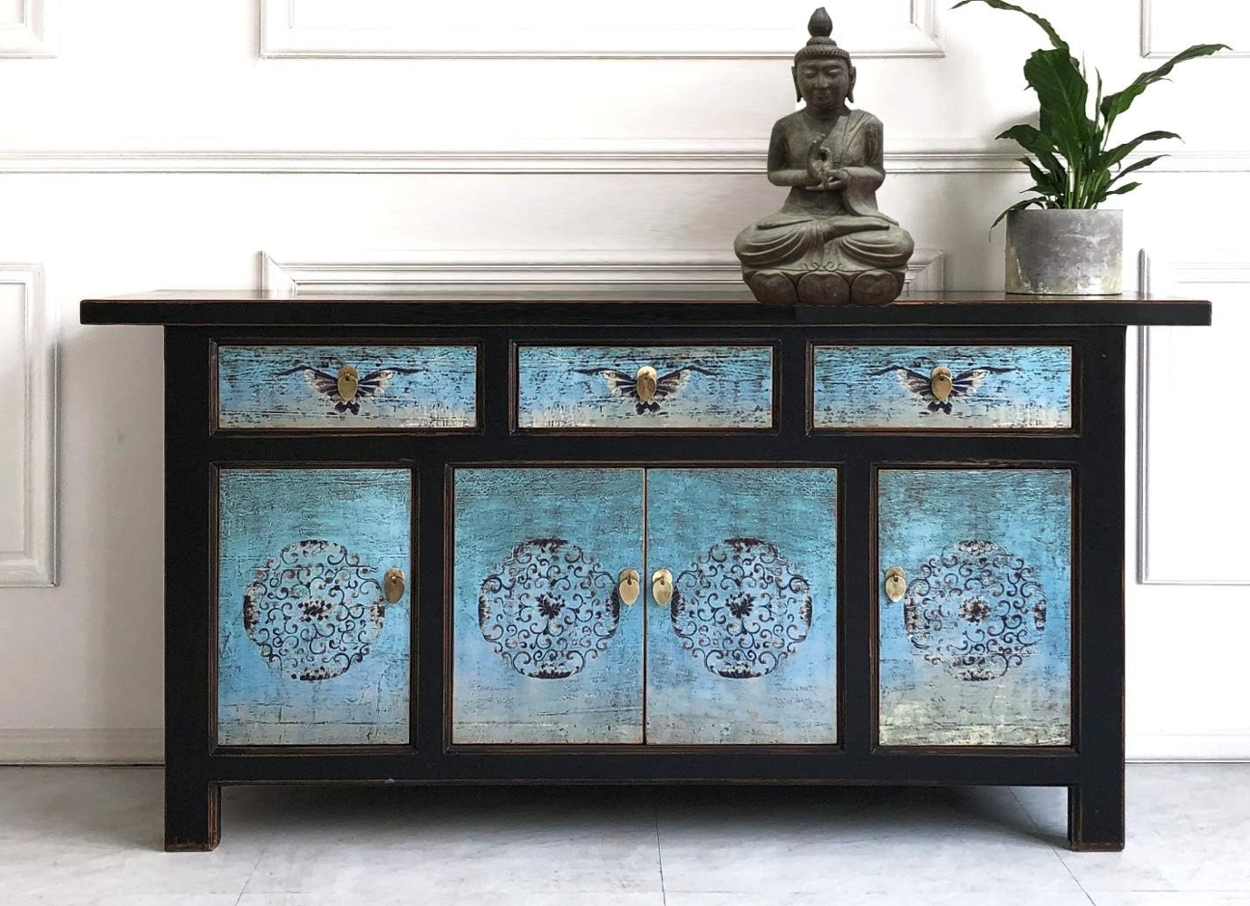 Vintage Sideboard Blau Türkis Kommode chinesisch Kolonial-Stil Antik-Stil Schrank Lowboard asiatisch orientalisch Fernost shabby-chic Landhaus Bild 1