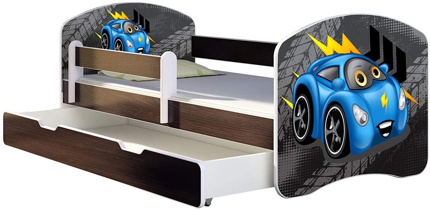 ACMA Kinderbett Jugendbett mit Einer Schublade und Matratze Wenge mit Rausfallschutz Lattenrost II 140x70 160x80 180x80 (04 Blaue Auto, 160x80 + Bettkasten) Bild 1