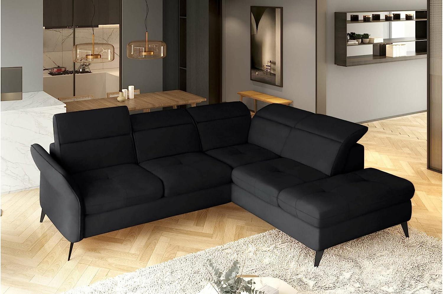Stylefy Valentino Ecksofa Velours Jasmine Schwarz Rechts mit Schlaffunktion Bild 1