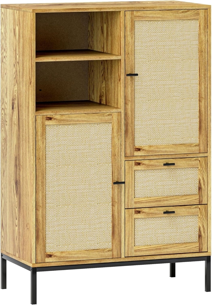 HOMCOM Highboard mit Rattan-Türen, Schubladen, verstellbaren Regalen (Mehrzweckschrank, 1 St, Aufbewahrungsschrank), für Wohnzimmer, Schlafzimmer, Esszimmer, 80 x 40 x 120 cm, Naturholz Bild 1