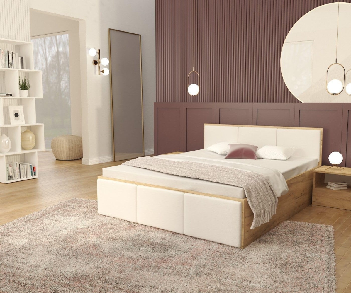 FDM Polsterbett mit Lattenrost Doppelbett 120x200, 140x200, 160x200, 180x200 (Bettrahmen mit Bettkasten für viel Stauraum, in Grau,Weiß oder Eiche Braun, ideal für Paare), Metallrahmen mit hydraulischer Klappfunktion Bild 1