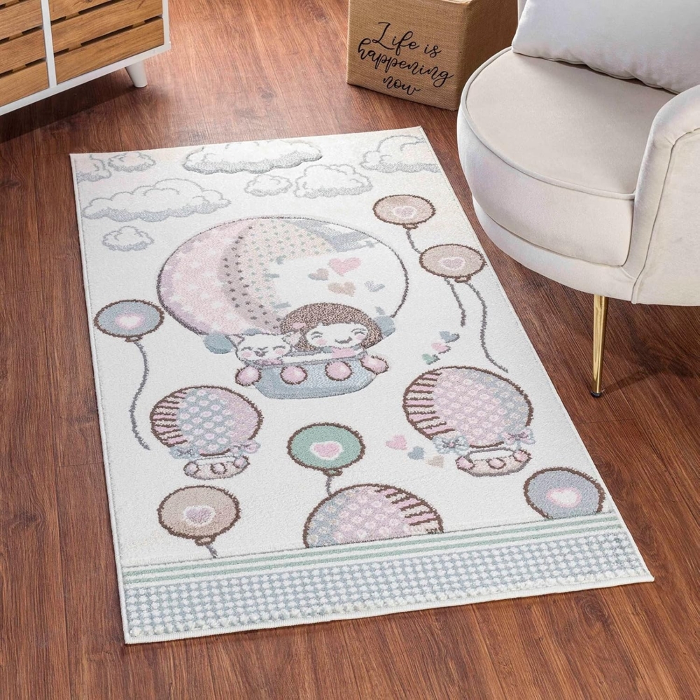 Livabliss Heissluftballon Kinderteppich - Cartoon Teppich 160x213 cm, Teppich Kinderzimmer oder Babyzimmer, Krabbelteppich oder Spielteppich - Baby Teppich für Jungen & Mädchen, Beige, Rosa und Grau Bild 1