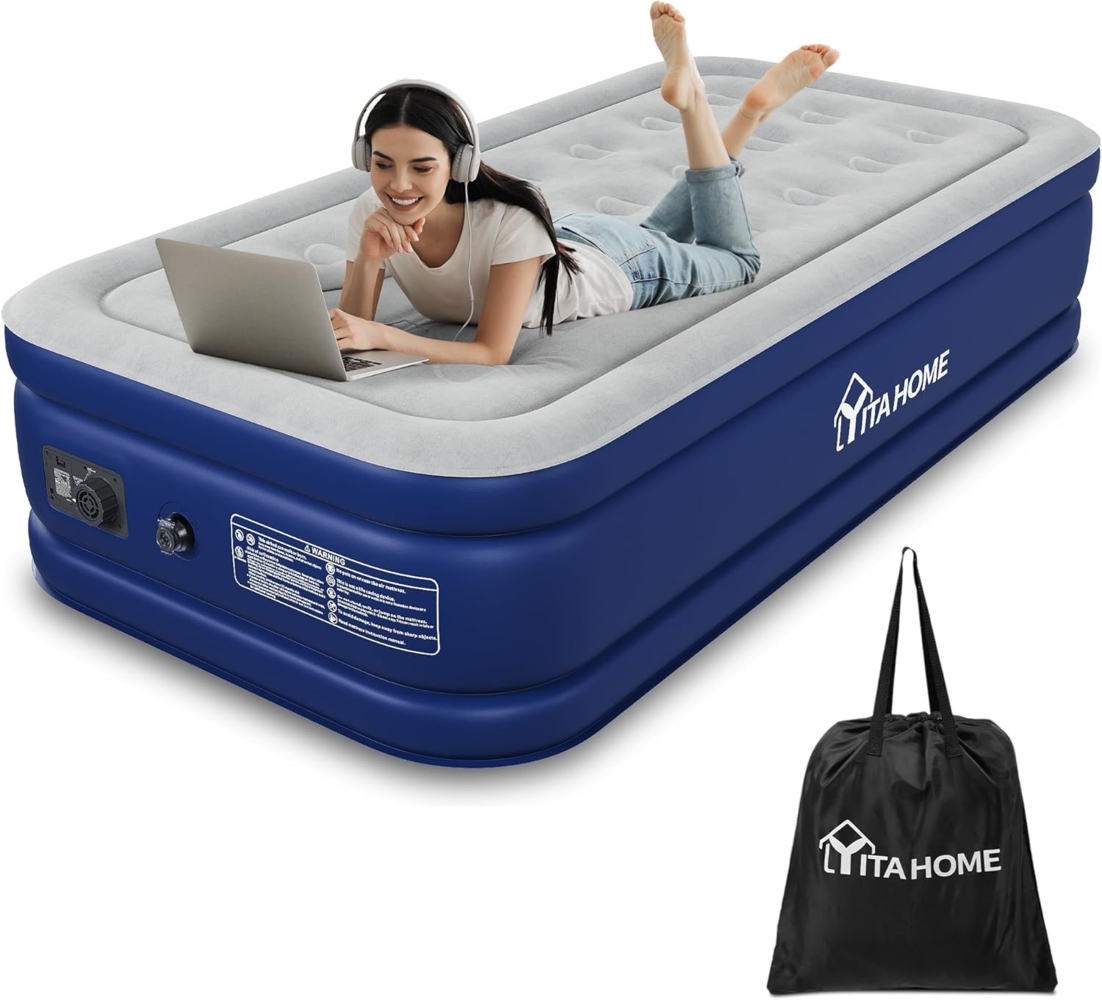 YITAHOME Luftbett Selbstaufblasend Einzel, Luftmatratze mit Integrierter Elektrischer Luftpumpe, Aufblasbare Matratze Bett mit Aufbewahrungstasche für Camping, Gästebett, 191 x 99 x 46 cm (Grau & Blau) Bild 1