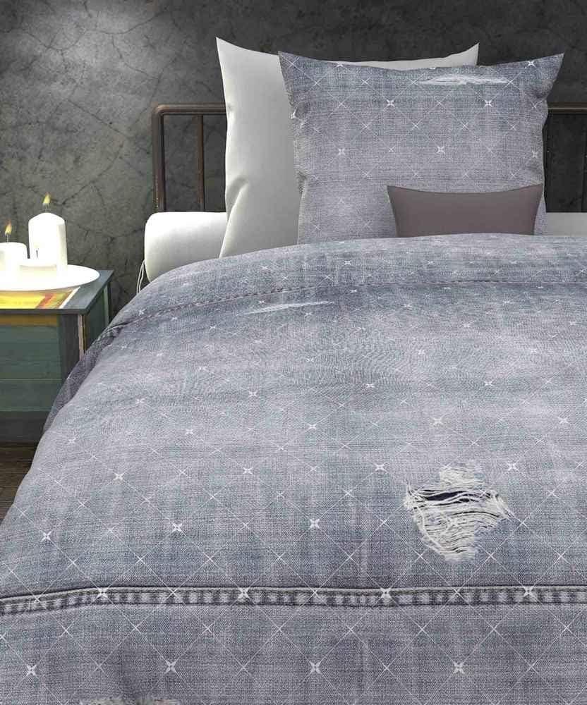 HnL Baumwolle Wende Bettwäsche Jeans Streifen Meggy Blau 135x200 cm + 80x80 cm Bild 1