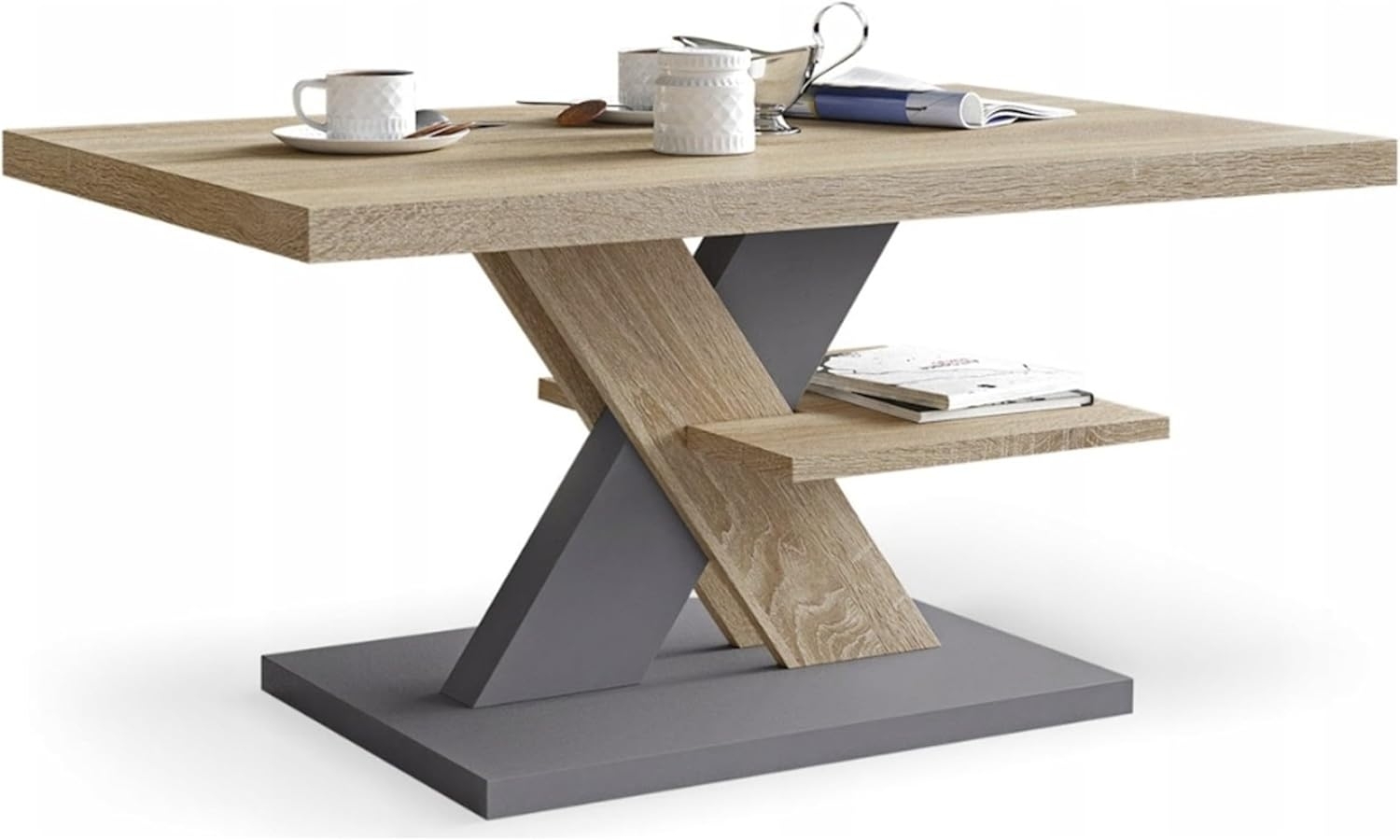 Viosimc Moderner Wohnzimmertisch, Couchtisch Eiche & Grau, Wohnzimmer Sofatisch Kaffeetisch, Modern Matt Sofa Tisch, Mittel- oder Beistelltisch für Tee und Kaffee Bild 1