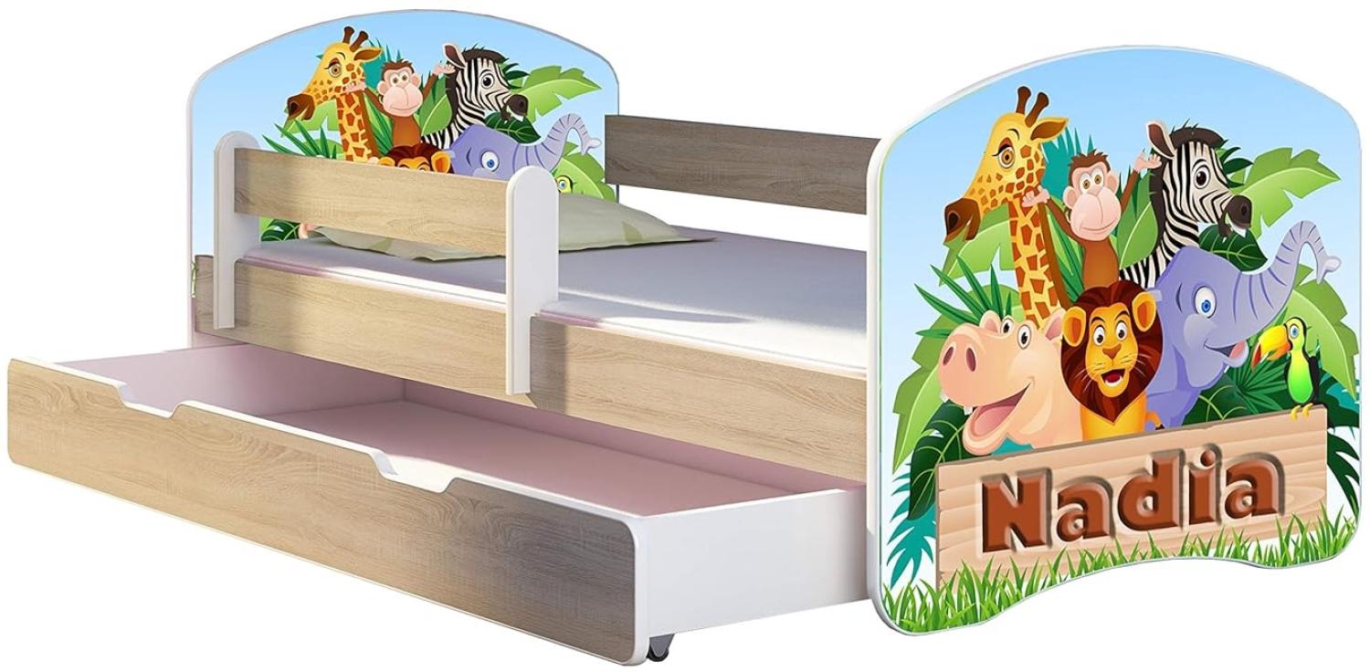 Kinderbett Jugendbett mit einer Schublade und Matratze Sonoma mit Rausfallschutz Lattenrost ACMA II 140x70 160x80 180x80 (02 Animals name, 140x70 + Bettkasten) Bild 1