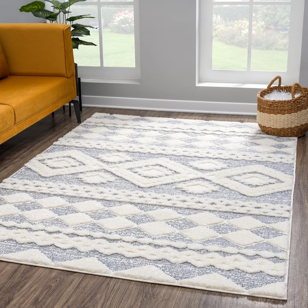 Teppich Wohnzimmer - Hochflor - Boho - Pastell Cream Grau - 200x290cm - Einfarbig - Modern Raute Meliert Muster - Skandinavisch Flauschig Weich - Wohnteppich Schlafzimmer Dekoration Bild 1