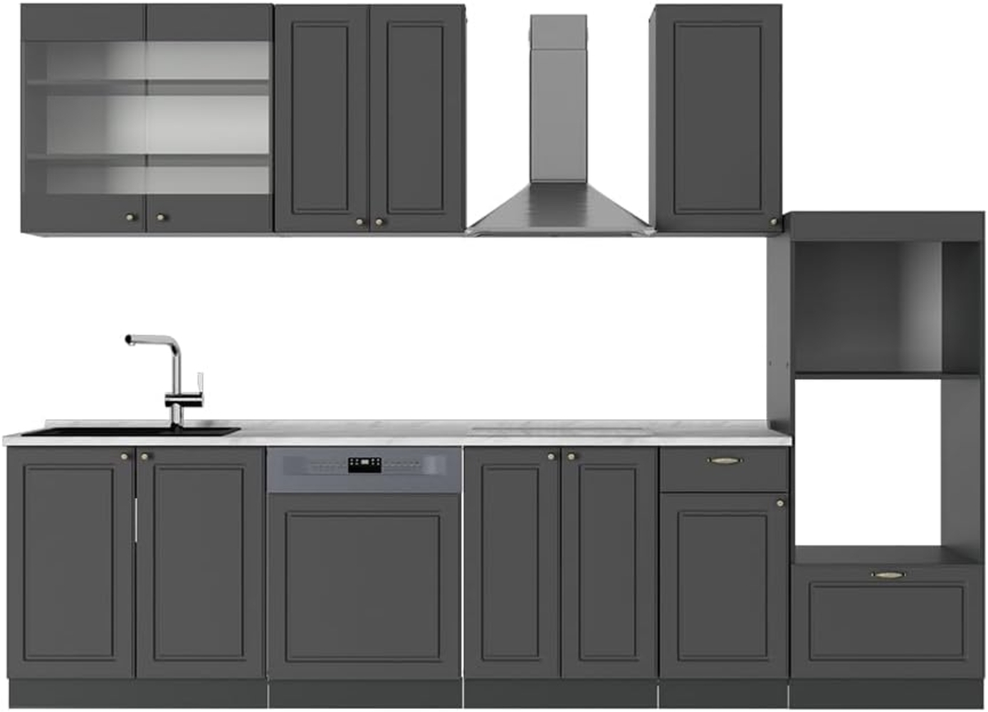 Küchenzeile Fame-Line Anthrazit-Gold Landhaus 300 cm mit Hochschrank, AP Marmor Vicco Bild 1