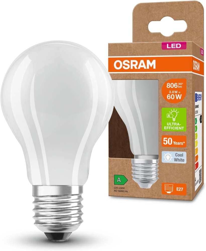 Osram LED SUPERSTAR+ CLASSIC A GL FR 60 LED-Lampe mit Sockel E27, klassische Kolbenform, weiß, 3,6W, 806lm, 4000K, kaltweißes Licht, bis zu 60% Energieeinsparung im Vergleich zu Standard LED-Lampen Bild 1