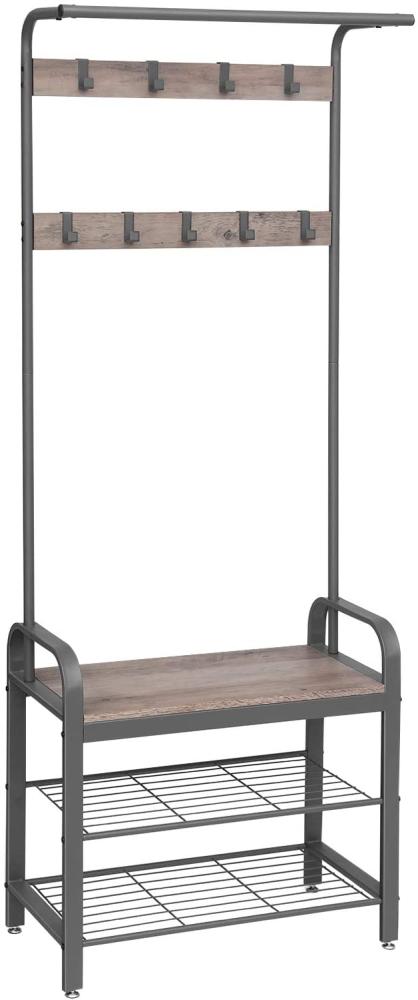 Vasagle Garderobenständer, Garderobe, Schuhregal mit Sitzfläche, Kleiderständer mit 9 abnehmbaren Haken, Sitzbank, 2 Gitterablagen, 183 cm hoch, Industrie-Design, greige-grau, HSR40MG Bild 1