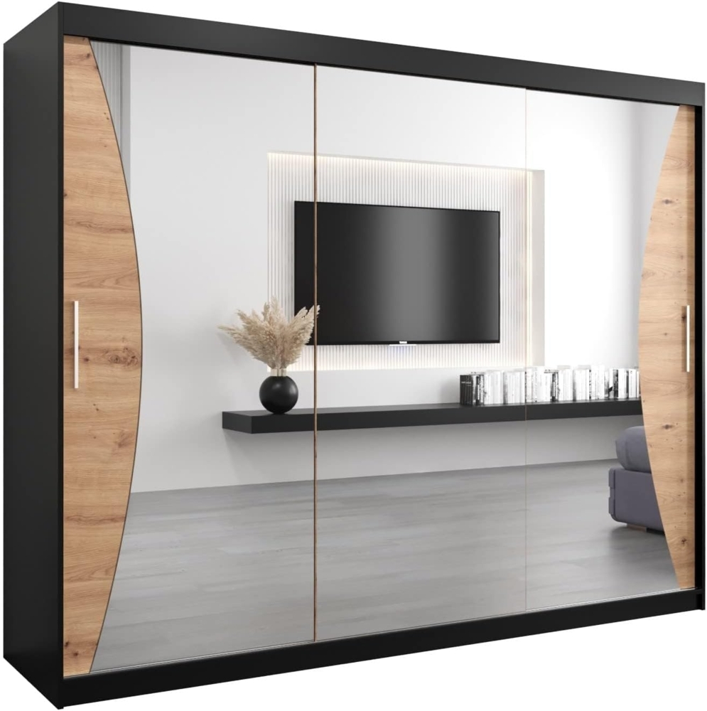 Kryspol Schwebetürenschrank Monaco 250 cm mit Spiegel Kleiderschrank mit Kleiderstange und Einlegeboden Schlafzimmer- Wohnzimmerschrank Schiebetüren Modern Design (Schwarz + Artisan Eiche) Bild 1