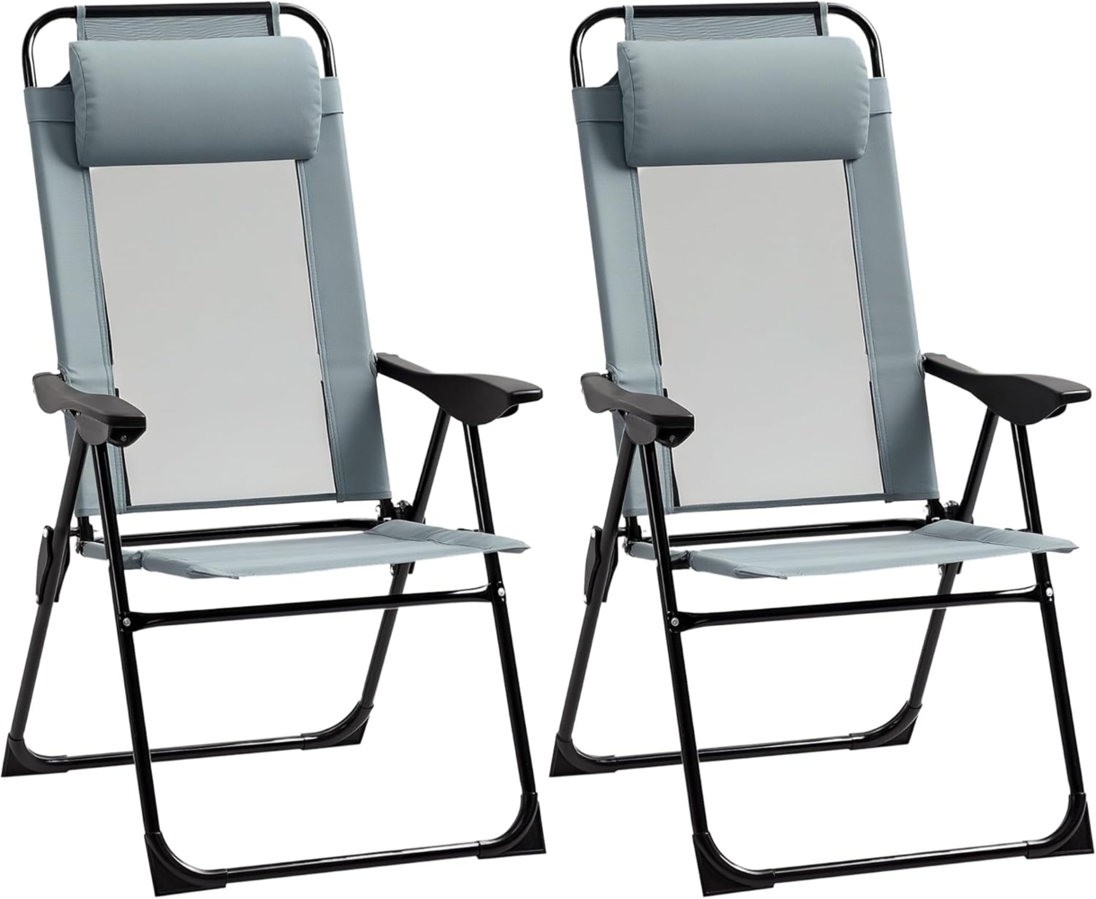 Outsunny Klappstuhl klappbarer Gartenstuhl mit verstellbarer Rückenlehne (Campingstuhl, 2 St), Grau 62 x 70 x 109 cm Bild 1