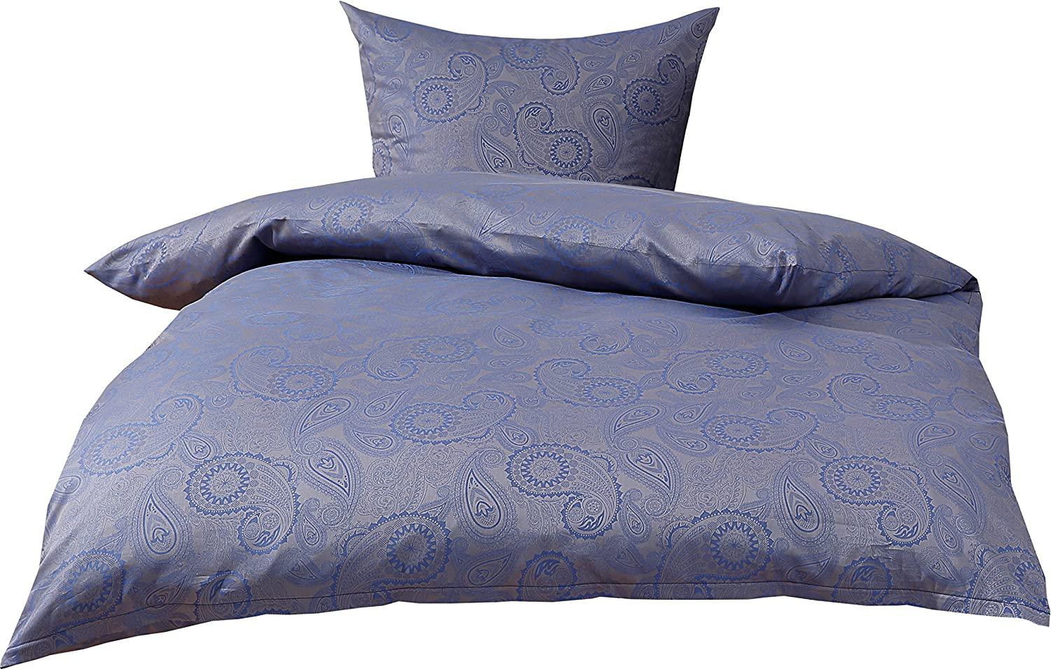 Bettwaesche-mit-Stil Mako-Satin Damast Paisley Bettwäsche "Davos" blau - grau Garnitur 155x220 + 80x80 Bild 1