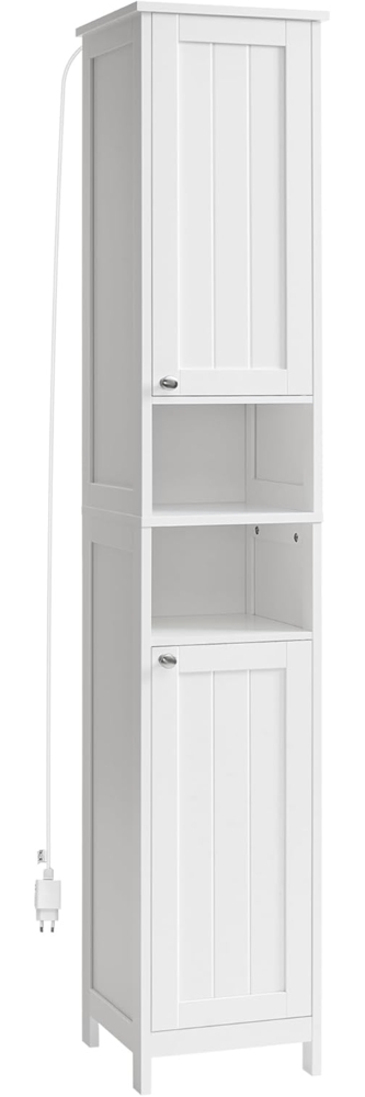 VASAGLE Badezimmerschrank mit Beleuchtung, hoch, schlanker Badschrank, Aufbewahrungsschrank mit verstellbaren Ablagen, offene Fächer, für kleine Räume, modern, wolkenweiß BBC566W03 Bild 1