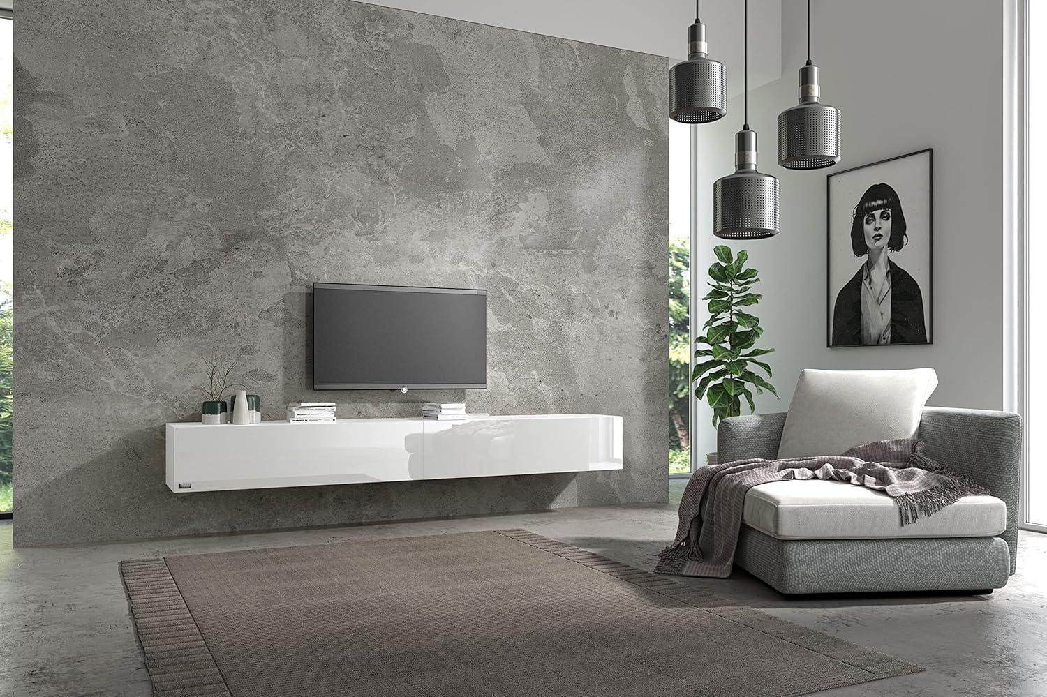 Wuun® TV Board hängend/8 Größen/5 Farben/240cm Matt Weiß- Weiß-Hochglanz/Lowboard Hängeschrank Hängeboard Wohnwand/Hochglanz & Naturtöne/Somero Bild 1