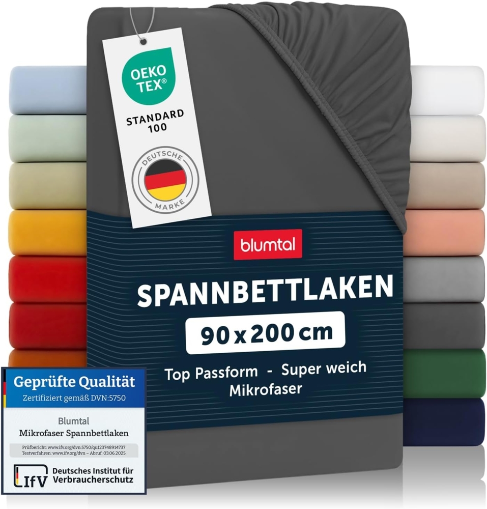 Blumtal® Spannbettlaken 90x200 cm - Spannbettlaken Microfaser - Oekotext zertifizierte Bettlaken 90x200 cm - Spannbetttuch 90x200 cm - Bettbezug 90x200 cm / Leintuch 90x200 cm - Fitted Sheets - Anthrazit Bild 1