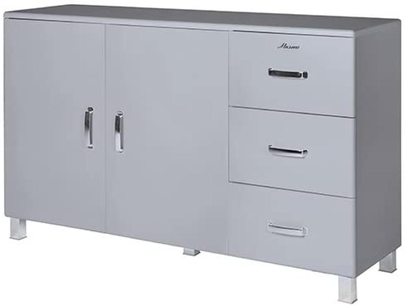 Miami Sideboard mit 2 Türen und 3 Schubladen mit Vollauszug und Soft-Close Beschlägen, Autometallic Lackierung, chromfarbene Griffe, Füsse und Logo aus hochwertigem Autoschriftzug, in weiss Bild 1