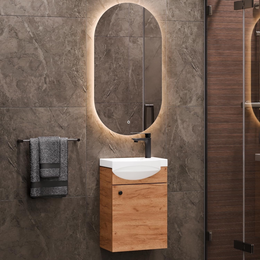 Planetmöbel Waschtisch 40cm Gold Eiche mit Spiegel, Unterschrank mit Waschbecken aus Keramik mit Badspiegelfür Gäste WC Bild 1