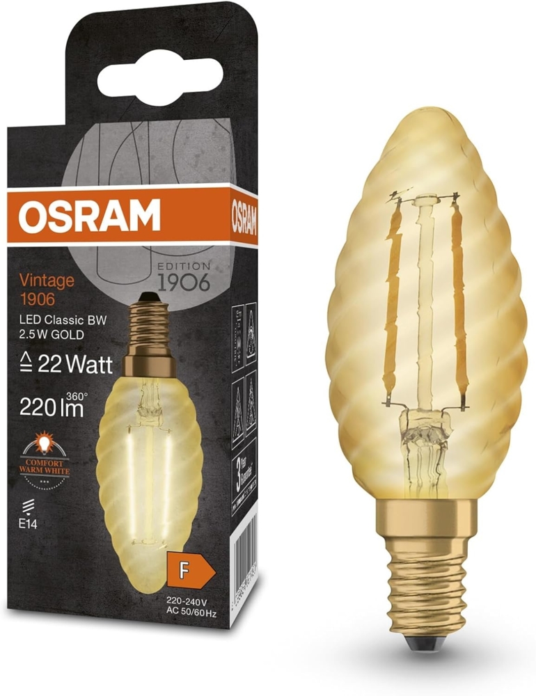 Osram LED-Lampen, Vintage-Edition, 22 Watts Ersatz, E14, B-shape, 2400 Kelvin, Warm Comfort Light, Klares Glas, single Pack Bild 1