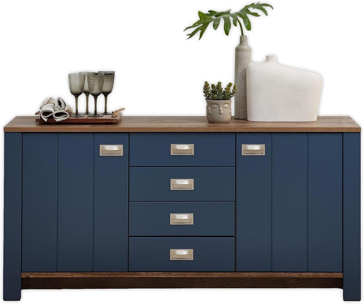 DIJON Sideboard in Parisian Blue, Haveleiche Cognac Optik - Moderne Kommode mit Schubladen und viel Stauraum - 163 x 79 x 45 cm (B/H/T) Bild 1