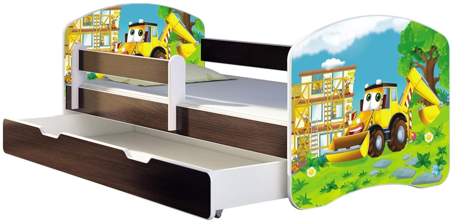 ACMA Kinderbett Jugendbett mit Einer Schublade und Matratze Wenge mit Rausfallschutz Lattenrost II 140x70 160x80 180x80 (20 Bagger, 180x80 + Bettkasten) Bild 1