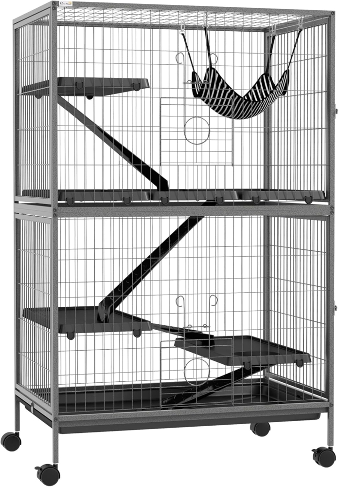 PawHut Kleintierkäfig Frettchenkäfig mit ausziehbarem Tablett Hängematte, Rampen, Rollen, für Eichhörnchen, Zwerghamster, Chinchilla Grau Bild 1