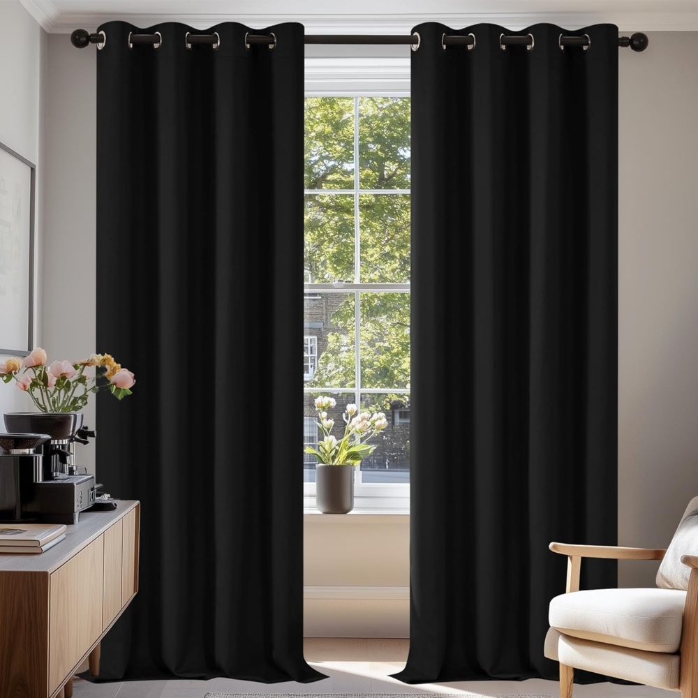 Deconovo Verdunklungsgardine Wohnzimmer Blickdicht Verduklungsvorhang Ösen Winter Wärmehaltung, 214x132 cm(HöhexBreite), Schwarz, 2er Set Bild 1