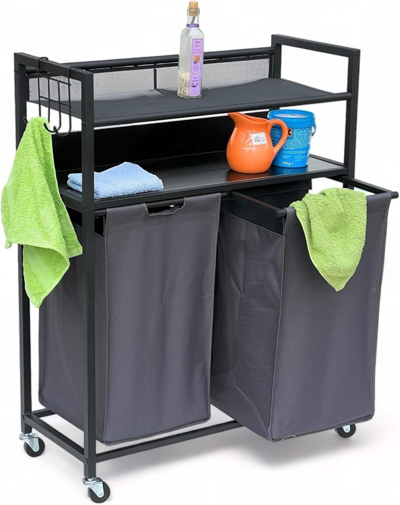 DanDiBo Wäschekorb 2 Fächer mit Ablagen Schwarz Metall 96501 Wäschesammler Wäschewagen mit Rollen Wäschebox Wäschekorb Wäschesack Modern Bild 1