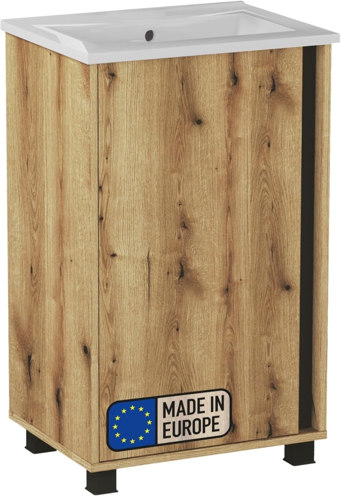 BADEDU LULE Waschbecken mit Unterschrank 51 cm breit, Braun, Waschbecken Keramik Weiß, mit Füßen Bild 1