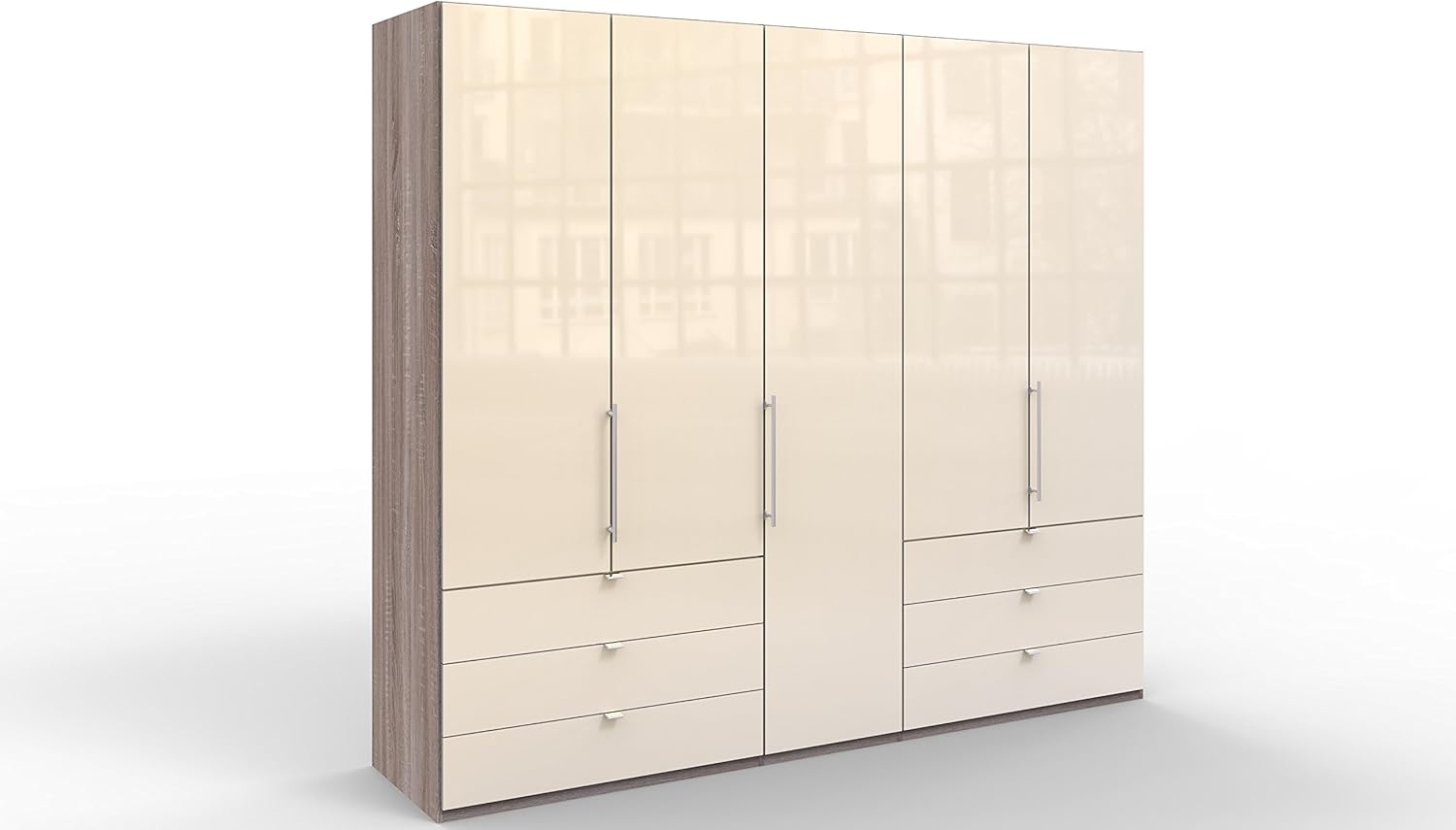 WIEMANN Loft Kleiderschrank, Schlafzimmerschrank, Gleittürenschrank, Drehtürenschrank, mit Schubladen, Glas magnolie, Trüffeleiche, Holz, B/H/T 250 x 236 x 58 cm Bild 1