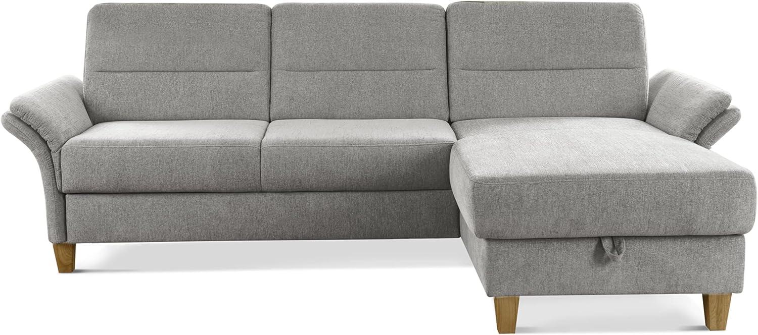 CAVADORE Ecksofa Wyk mit Federkern / Schlafsofa im Landhaus-Stil mit Longchair, Bett, Bettkasten + Armteilfunktion / 252 x 90 x 162 / Chenille, Hellgrau Bild 1