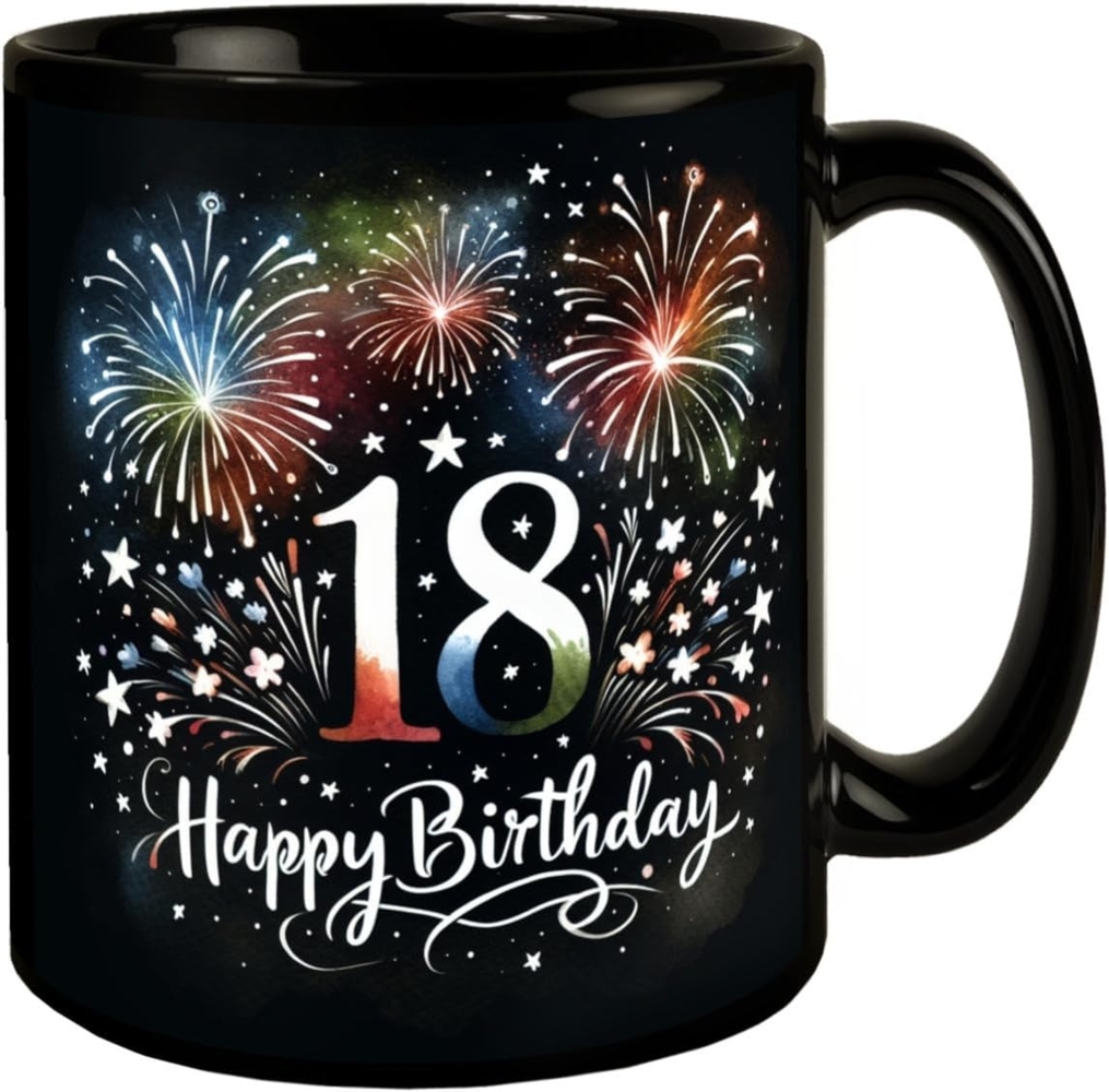 speecheese Tasse 18. Geburtstag Feuerwerk Tasse in Schwarz mit Spruch Happy Birthday 18 Bild 1