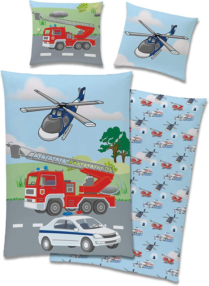 Kinderbettwäsche mit Feuerwehr & Polizei Motiv für Jungen 135x200 80x80 cm aus 100% Baumwolle Bild 1