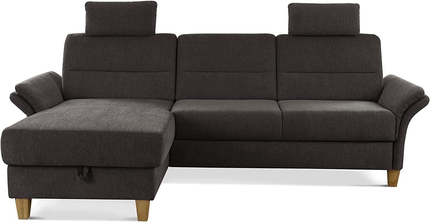 CAVADORE Schlafsofa Wyk mit Federkern / Ecksofa im Landhaus-Stil mit Longchair, Bett, Bettkasten, Armteilfunktion + 2 Kopfstützen / 252 x 90 x 162 / Chenille, Braun Bild 1