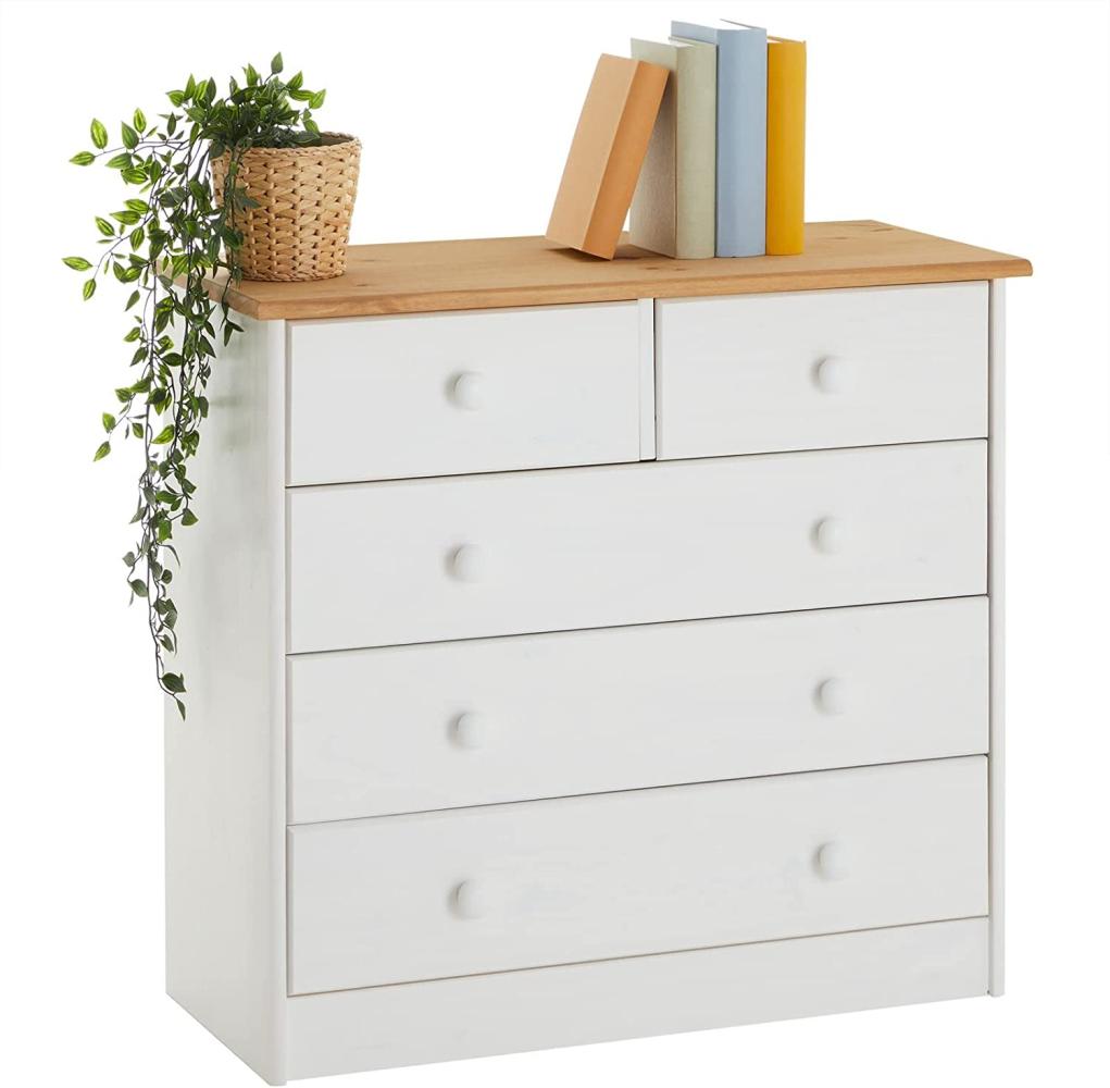 IDIMEX Kommode Rondo, schöne Anrichte mit 5 Schubladen, praktisches Sideboard aus massiver Kiefer in weiß/braun, Zeitlose Schubladenkommode mit Holzgriffe Bild 1