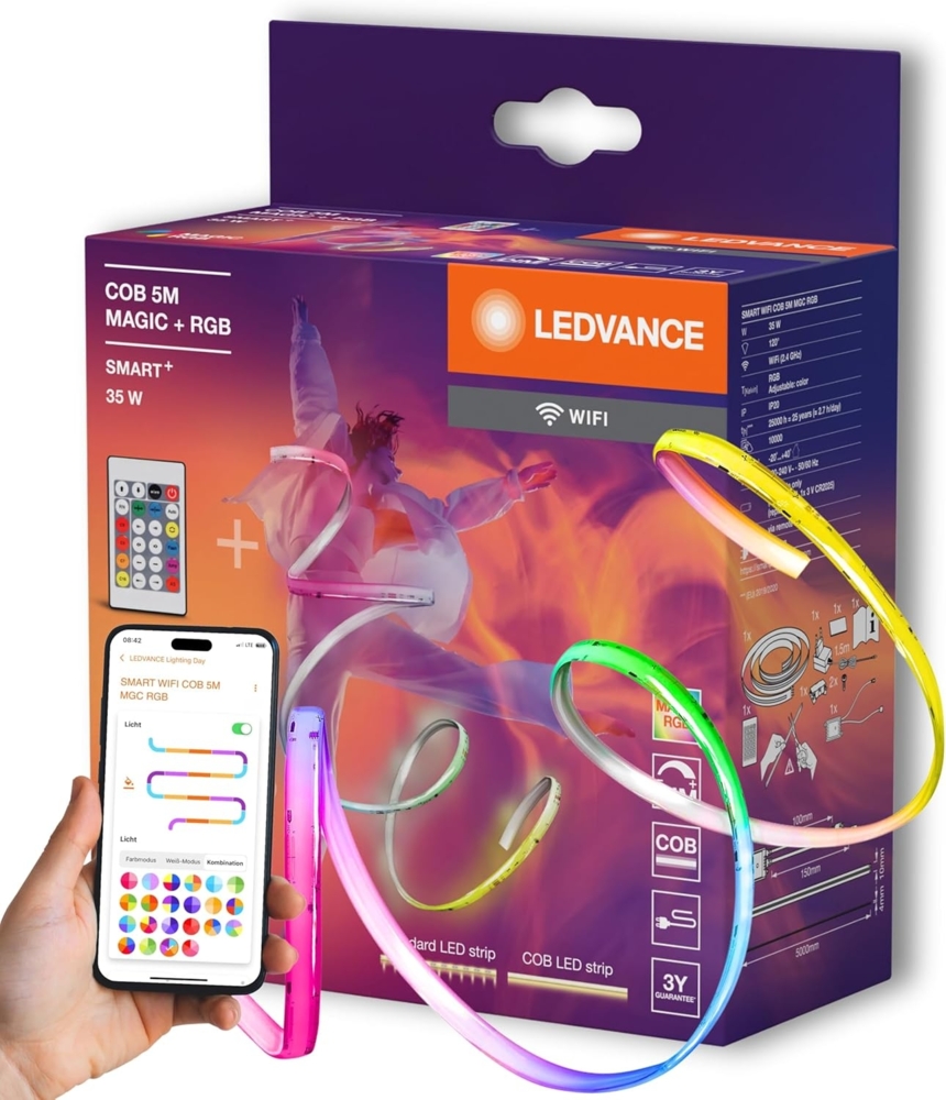 LEDVANCE SMART WIFI COB dekorative bunte COB Strips mit MAGIC RGB; Wifi und homogenem Lichteffekt; dimmbar; Silikon; 5 m; Leuchtmittel nicht austauschbar Bild 1