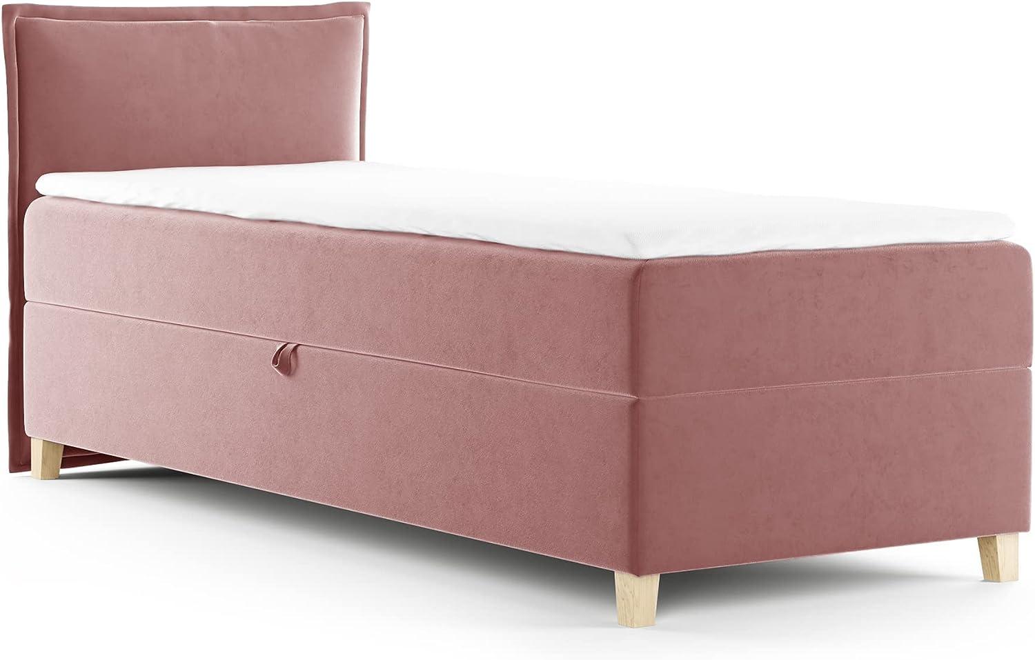 Boxspringbett Fren Mini mit Bettkasten - Einzelbett mit Bonell-Matratze und Topper, Polsterbett mit Holzfüße, Bett, Kinderzimmer (Pink (Kronos 29), 100x200 cm) Bild 1