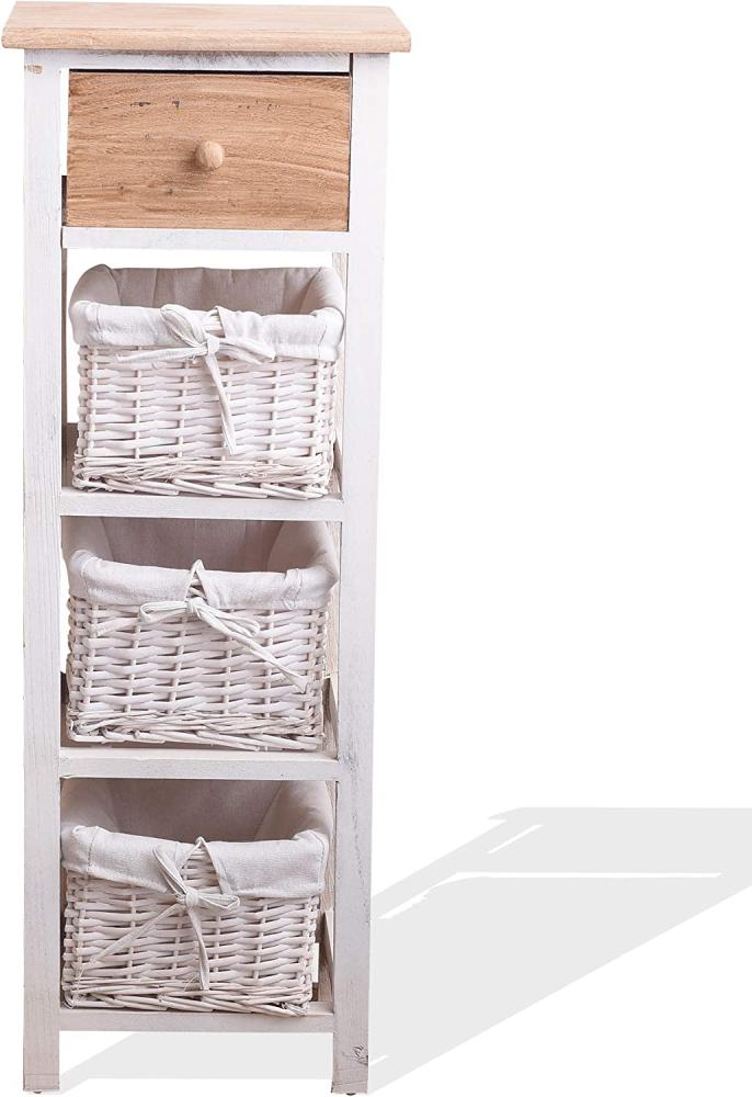 Rebecca Mobili Badschrank, Schubladenkommode im Country-Stil, 1 Schublade 3 Weidenkörbe, Paulownienholz, Weiß Braun, Schlafzimmer Badezimmer – Maße: 85 x 31 x 27 cm (HxLxB) – Art. RE4359 Bild 1